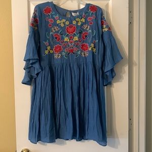 NWT Umgee Boho Gauzy Dusty Blue Floral Embroidered Butterfly Sleeve Dress